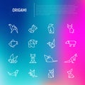 Origami thin line icons set: penguin, camel, fox, bear, sparrow,