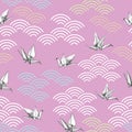 Origami white paper cranes sketch seamless pattern. black blue yellow line on lilac Nature oriental background with japanese wave