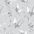 Origami white paper cranes sketch seamless pattern. line on Gray black Nature oriental background with japanese wave circle. Can