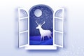 Origami window frame. Deer in paper cut style. Merry Christmas Greeting card. Winter season holidays. Happy New Year Royalty Free Stock Photo