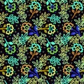 Original abstract seamless pattern of fancy neon colorful flowers and leaves