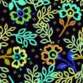 Seamless neon pattern with flowers and leaves on a black background