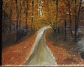 An original acrylic painting of an autumn path with orange and red leaves