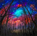 Original acrylic painting Night landscape. Beautiful illustration starry sky through trees