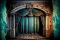 original antique stage with curtain in ruined abandoned house