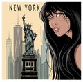 Original art contemporary digital portrait of a woman face over a New York background