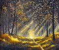 Original artistic modern impressionism hand painting Path sunny footpath road in sunlight park alley forest rural landscape waterc Royalty Free Stock Photo