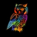 original artwork of owl, ink hand drawing in ethnic style, vector illustration in Multicolored . Mixed media. Vector Royalty Free Stock Photo