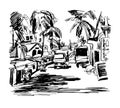 Original black and white digital drawing of India Goa Calangute Royalty Free Stock Photo