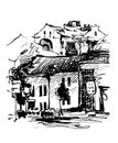 Original black and white digital sketch of Kyiv, Ukraine town