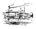 Original black and white digital sketch of Kyiv, Ukraine town