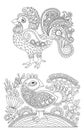 Original black and white line art rooster drawing, page of color