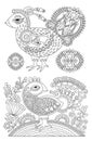 Original black and white line drawing page of coloring book bird