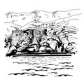 Original black and white sketch drawing of Sveti Stefan island