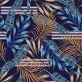 Original bright seamless pattern with colorful tropical leaves and plants on blue background. Vector design. Jungle print. Floral Royalty Free Stock Photo