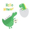 Original cartoon illustration for children`s fashion. Mama dinosaur and a boy dinosaur hatches from the egg. Printing of children`
