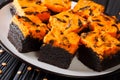 Original chocolate brownie cake with orange cheesecake close-up Royalty Free Stock Photo