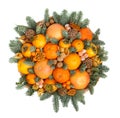 Original Christmas gift in the form of a bouquet consisting of tangerines, oranges, grapefruit, persimmon, walnuts, decorated with