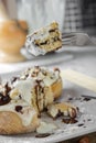 Original cinnabon rolls with chocolate-cream sauce and hazelnuts Royalty Free Stock Photo