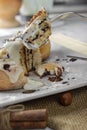 Original cinnabon rolls with chocolate-cream sauce and hazelnuts Royalty Free Stock Photo