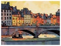 Original colorful representation of Pont Neuf and the River Seine in Paris, France