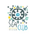 Original colorful sea or yacht club logo design with abstract ship steering wheel illustration. Hand drawn vector