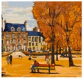 Original composition in red and yellow about Place des Vosges in Paris