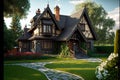 original cozy house exterior country house with paths and lawns