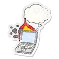 A creative cartoon broken laptop computer and thought bubble as a distressed worn sticker Royalty Free Stock Photo
