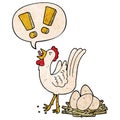 A creative cartoon chicken laying egg and speech bubble in retro texture style