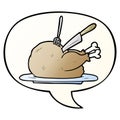 A creative cartoon cooked turkey being carved and speech bubble in smooth gradient style