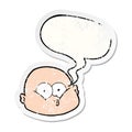 A creative cartoon curious bald man and speech bubble distressed sticker Royalty Free Stock Photo