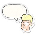 A creative cartoon handsome man and speech bubble distressed sticker Royalty Free Stock Photo
