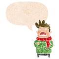 A creative cartoon obnoxious man and speech bubble in retro textured style