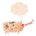 A creative cartoon oinking pig and thought bubble in retro textured style