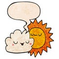 A creative cartoon sun and cloud and speech bubble in retro texture style Royalty Free Stock Photo