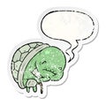 A creative cute cartoon old turtle and walking stick and speech bubble distressed sticker