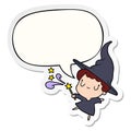 A creative cute cartoon witch casting spell and speech bubble sticker Royalty Free Stock Photo