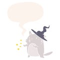 A creative magical amazing cartoon cat wizard and speech bubble in retro style