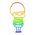 A creative rainbow gradient line drawing angry cartoon boy with books
