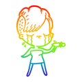 A creative rainbow gradient line drawing cartoon crying girl pointing ray gun Royalty Free Stock Photo