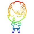 A creative rainbow gradient line drawing cartoon pretty hipster girl Royalty Free Stock Photo