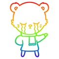 A creative rainbow gradient line drawing crying cartoon bear wearing winter clothes