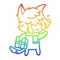 A creative rainbow gradient line drawing crying christmas fox cartoon