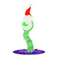 A creative retro cartoon of a alien swamp monster wearing santa hat