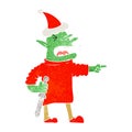A creative retro cartoon of a goblin with knife wearing santa hat