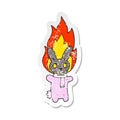 A creative retro distressed sticker of a cartoon flaming skull rabbit