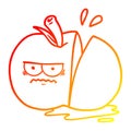 A creative warm gradient line drawing cartoon angry sliced apple