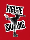 Creative poster with bw portrait of little female figure skater on red background with lettering. Concept of movement