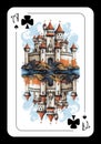 Original design of the ace of clubs (suit). Ace of clubs with the image of a medieval castle Royalty Free Stock Photo